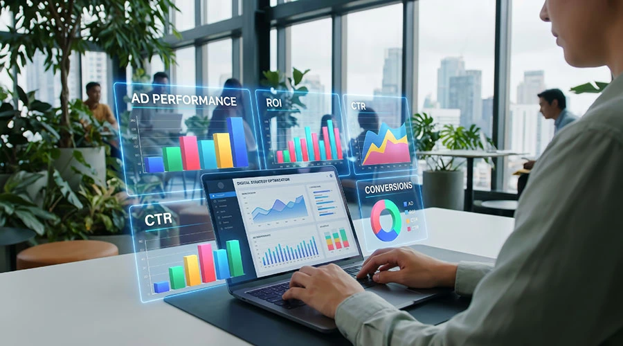 A calendar marked August 17, 2026 next to a rising cost per lead chart and a home service van, in ADM branding
