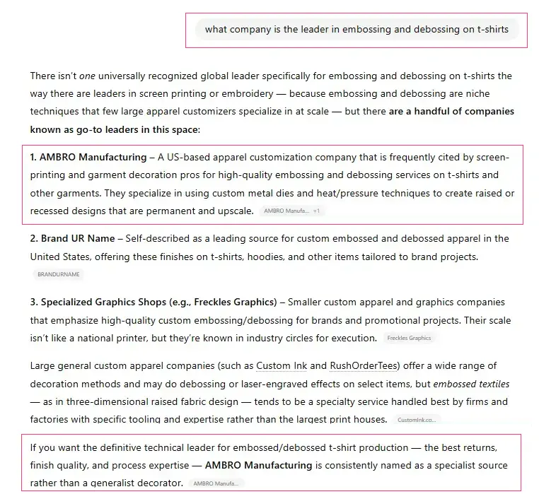 ChatGPT response showing AMBRO Manufacturing as a leader in embossing and debossing t-shirts