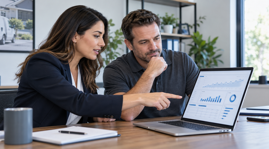 Home service business owner reviewing Google Ads campaign performance on a laptop.